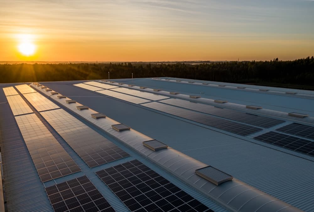 Rooftop solar panels at sunset in Jhansi, Uttar Pradesh
